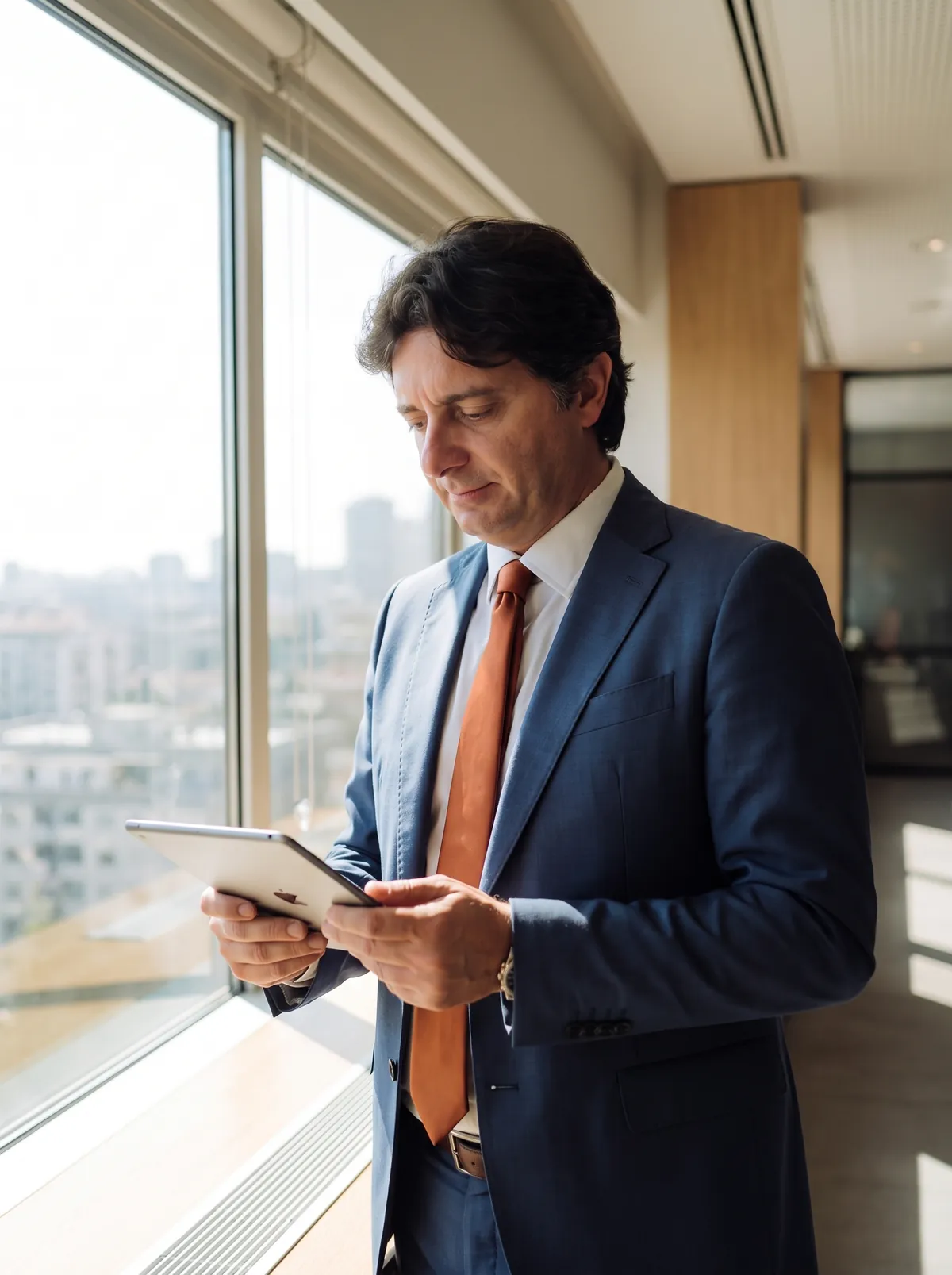 Alfredo Cerabino legge i numeri di un’impresa sul tablet, alla finestra